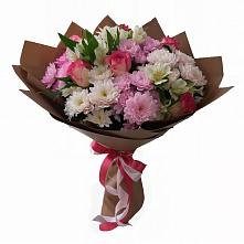 Букет Розовое очарование в Петропавловске-Камчатском Букет цветов из:  Хризантемы, Альстромерии и Розы в Петропавловске-Камчатском