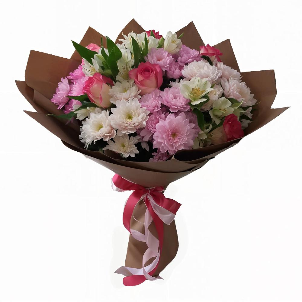 Букет Розовое очарование в Петропавловске-Камчатском Букет цветов из: Хризантемы, Альстромерии и Розы в Петропавловске-Камчатском